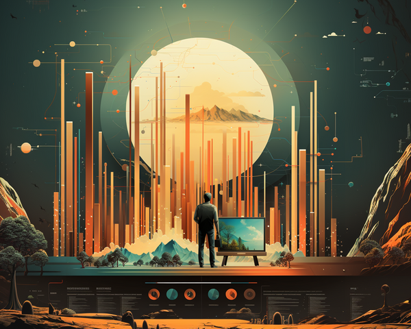 KI-Bild: Ein Mann steht vor einem Bildschirm, der eine futuristische Landschaft mit hohen Datenbalken und einem Sonnenuntergang zeigt.