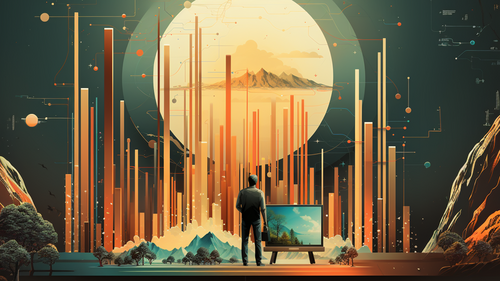 KI-Bild: Ein Mann steht vor einem Bildschirm, der eine futuristische Landschaft mit hohen Datenbalken und einem Sonnenuntergang zeigt.