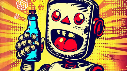 Comic-Roboter hält eine Flasche in der Hand, Hintergrund im Pop-Art-Stil.