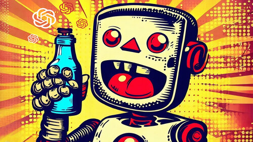 Comic-Roboter hält eine Flasche in der Hand, Hintergrund im Pop-Art-Stil.