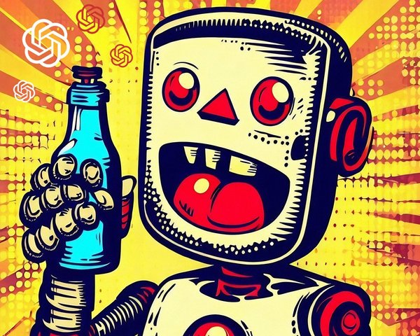Comic-Roboter hält eine Flasche in der Hand, Hintergrund im Pop-Art-Stil.