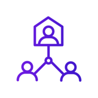 Symbol für 'hybrides Arbeiten'. Es zeigt 3 Personen, die mit Linien verbunden sind, die mittlere Person umgibt eine Haussilhouettte