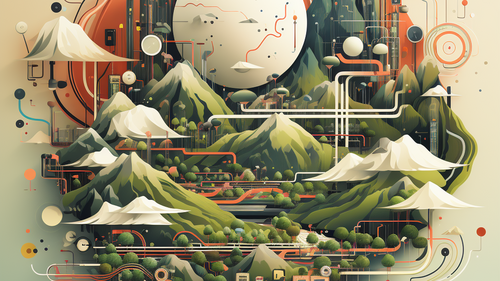 KI-Bild: Eine Landschaft mit Bergen und Flüssen, durchzogen von Netzwerken und verbundenen Datenknotenpunkten.
