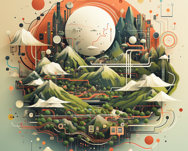KI-Bild: Eine Landschaft mit Bergen und Flüssen, durchzogen von Netzwerken und verbundenen Datenknotenpunkten.