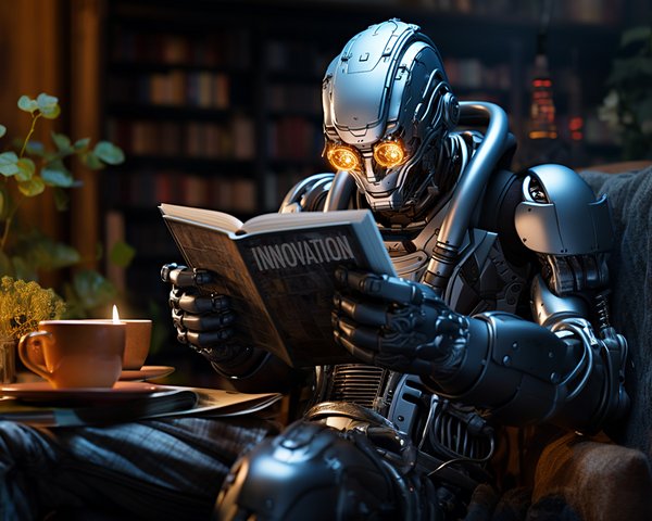 KI-Bild: Roboter liest ein Buch mit dem Titel 'Innovation' in einer gemütlichen Umgebung.