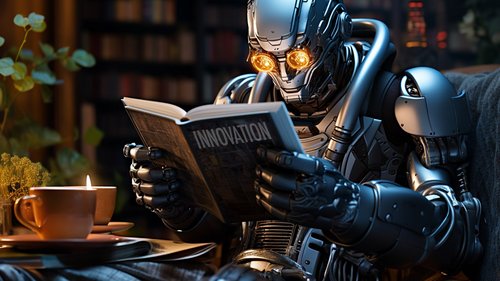 KI-Bild: Roboter liest ein Buch mit dem Titel 'Innovation' in einer gemütlichen Umgebung.