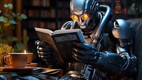 KI-Bild: Roboter liest ein Buch mit dem Titel 'Innovation' in einer gemütlichen Umgebung.