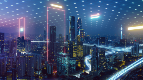 Futuristische Stadtansicht mit digitalen Elementen, die in den Himmel ragen.