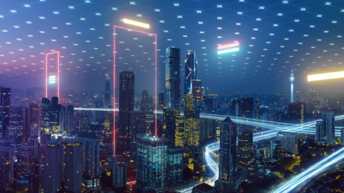 Futuristische Stadtansicht mit digitalen Elementen, die in den Himmel ragen.