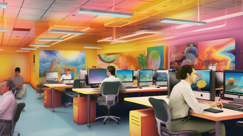 KI-Bild: Menschen arbeiten in einem farbenfrohen Büro mit Computern und modernen Kunstwerken an den Wänden.