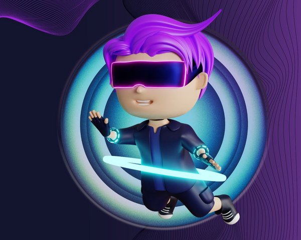 Grafik zeigt eine schwebende Comic-Figur mit lila Haaren und VR-Brille