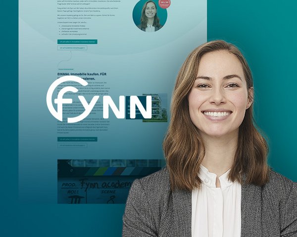 Fynn Logo und Screenshot der Fynn-Website mit Porträt einer lächelnden Frau.