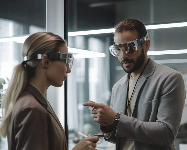 KI-Bild: Zwei Menschen tragen AR-Brillen und diskutieren in einem modernen Büro.