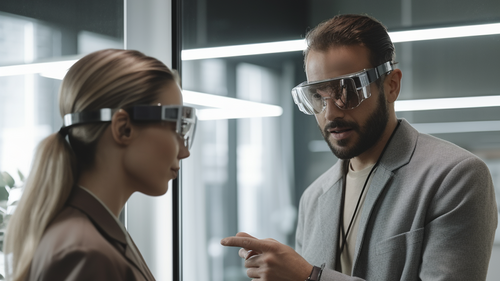 KI-Bild: Zwei Menschen tragen AR-Brillen und diskutieren in einem modernen Büro.