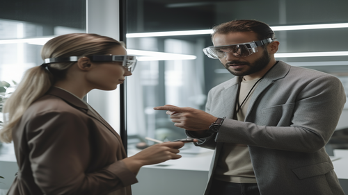 KI-Bild: Zwei Menschen tragen AR-Brillen und diskutieren in einem modernen Büro.