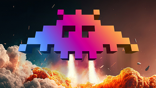 Pixel-Raumschiff startet aus Wolken mit Explosion im Hintergrund