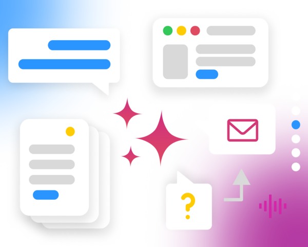 Illustration verschiedener digitaler Prozesse wie Chat, Formulare, E-Mail und Dokumente, die durch KI automatisiert miteinander verbunden werden.