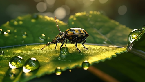 KI-Bild: Ein Käfer sitzt auf einem Blatt, umgeben von Tautropfen, bei Sonnenlicht.