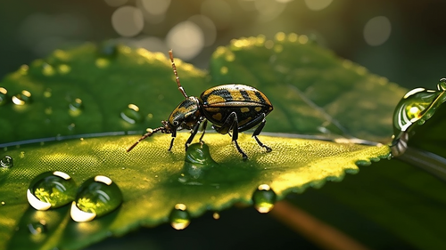 KI-Bild: Ein Käfer sitzt auf einem Blatt, umgeben von Tautropfen, bei Sonnenlicht.