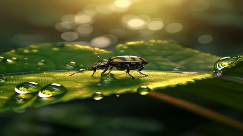 KI-Bild: Ein Käfer sitzt auf einem Blatt, umgeben von Tautropfen, bei Sonnenlicht.
