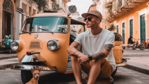 KI-Bild:  Ein junger Mann in lässiger Kleidung sitzt vor einem gelben Retro-Dreirad in einer sonnigen Straße mit mediterranem Flair. Neben ihm steht ein kleiner Hund.