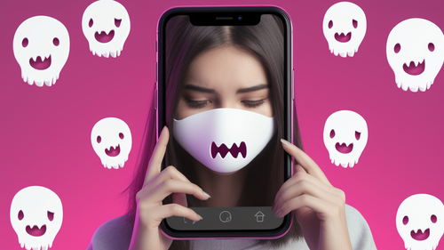 Frau mit Maske und Handy, umgeben von Geister-Emojis auf pinkem Hintergrund