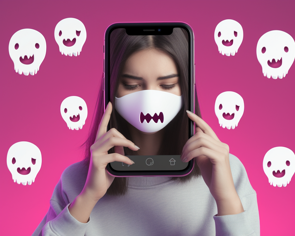 Frau mit Maske und Handy, umgeben von Geister-Emojis auf pinkem Hintergrund