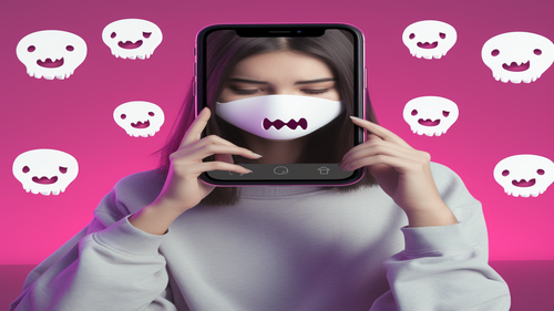 Frau mit Maske und Handy, umgeben von Geister-Emojis auf pinkem Hintergrund
