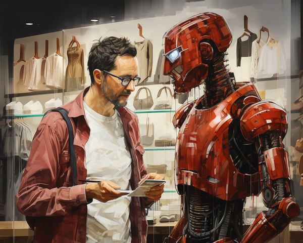 KI-Bild: Ein Mann im roten Hemd spricht mit einem roten Roboter in einem Geschäft.