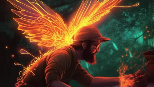 KI-Generiertes Bild, Avatar von Oliver Kemmann mit leuchtenden Flügeln, die rechte Hand sprüht Funken