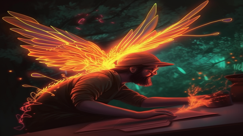 KI-Generiertes Bild, Avatar von Oliver Kemmann mit leuchtenden Flügeln, die rechte Hand sprüht Funken