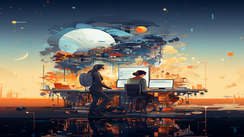 KI-Bild: Illustration zweier Personen, die an einem Computer arbeiten, mit futuristischem Hintergrund und Himmelskörpern.