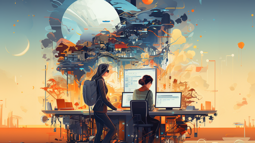 KI-Bild: Illustration zweier Personen, die an einem Computer arbeiten, mit futuristischem Hintergrund und Himmelskörpern.