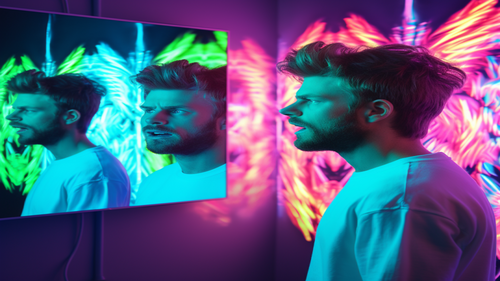 Mensch steht vor Spiegel mit Licht im Hintergrund, sieht sich zweifach von verschiedenen Seiten