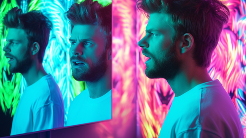 Mensch steht vor Spiegel mit Licht im Hintergrund, sieht sich zweifach von verschiedenen Seiten