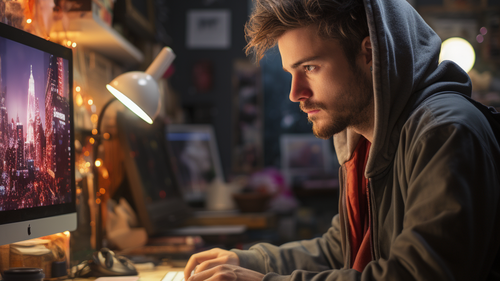 KI-Bild: Ein Mann mit Kapuzenpullover sitzt konzentriert vor einem Computer in einem mit Lichterketten dekorierten Raum.