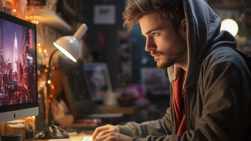 KI-Bild: Ein Mann mit Kapuzenpullover sitzt konzentriert vor einem Computer in einem mit Lichterketten dekorierten Raum.