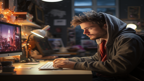 KI-Bild: Ein Mann mit Kapuzenpullover sitzt konzentriert vor einem Computer in einem mit Lichterketten dekorierten Raum.