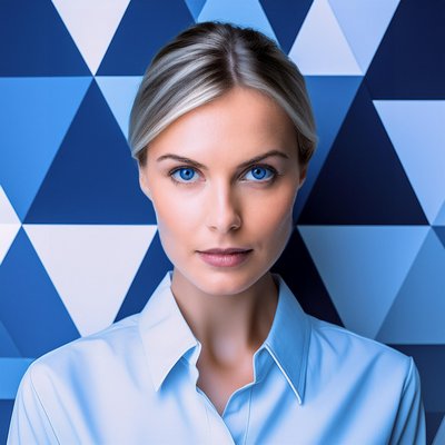 Mit Firefly generiertes Bild: Porträt einer Frau mit blauen Augen und blonden Haaren vor blau gemustertem Hintergrund