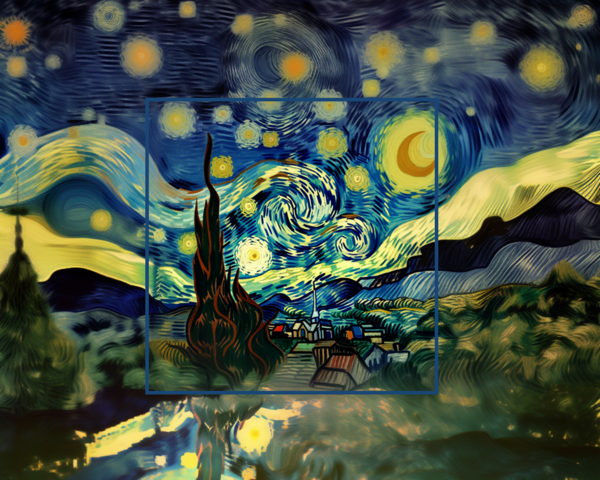 Digitales Kunstwerk im Van-Gogh-Stil Sternenhimmel und surrealen Farben.