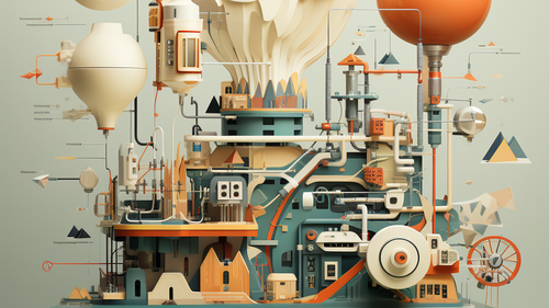 KI-Bild: Eine digitale Maschine in einem minimalistischen Design, die mit verschiedenen Formen und Schaltkreisen arbeitet.