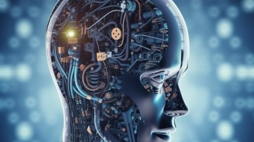 Darstellung eines menschlichen Kopfes als mechanisches Wesen, symbolisiert Künstliche Intelligen