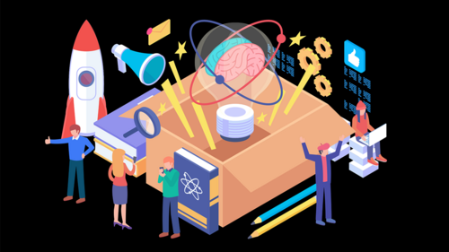 Ein Konzeptbild mit Menschen, einer Rakete und wissenschaftlichen Symbolen, die aus einer Box herauskommen.