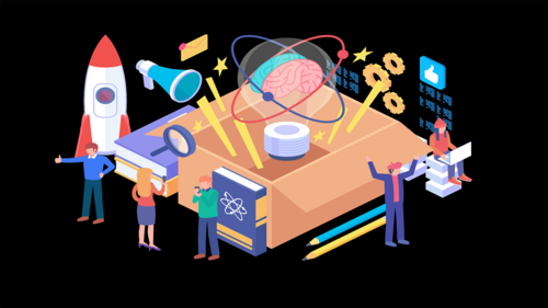 Ein Konzeptbild mit Menschen, einer Rakete und wissenschaftlichen Symbolen, die aus einer Box herauskommen.