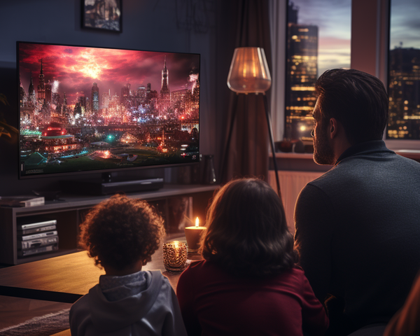 KI-Bild: Eine Familie sitzt auf dem Sofa und schaut eine futuristische Stadtansicht auf einem großen Fernseher im Wohnzimmer.