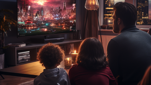 KI-Bild: Eine Familie sitzt auf dem Sofa und schaut eine futuristische Stadtansicht auf einem großen Fernseher im Wohnzimmer.