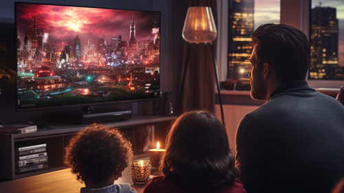 KI-Bild: Eine Familie sitzt auf dem Sofa und schaut eine futuristische Stadtansicht auf einem großen Fernseher im Wohnzimmer.