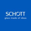 Schott-Logo auf blauem Hintergrund, mit dem Slogan 'glass made of ideas'.