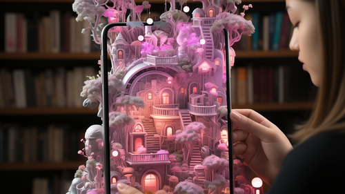 KI-Bild: Eine Frau hält ein Tablet, das eine fantasievolle, leuchtende 3D-Welt zeigt, umgeben von Bücherregalen im Hintergrund.