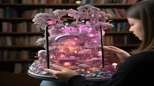 KI-Bild: Eine Frau hält ein Tablet, das eine fantasievolle, leuchtende 3D-Welt zeigt, umgeben von Bücherregalen im Hintergrund.